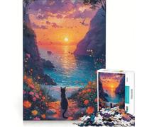 1000 Piece Jigsaws for Adults Cat Watching Sunset by The Sea, Brain Teaser Game, Challenging To Complete, Enhance Love between Couples 38x52cm