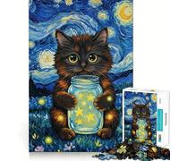 1000 Piece Jigsaws for Adults Cat with Starry Night Jar Neat Cut Decor Thinking Training Toy Free Time Play Festive Leisure Gift (38x52cm)