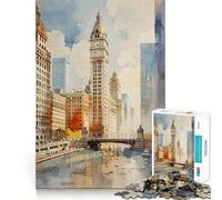 1000 Piece Jigsaws for Adults Chicago River Watercolor Neat Cut Decor Thinking Training Toy Free Time Play Festive Leisure Gift (38x26cm)