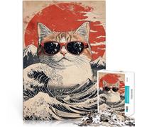 1000 Piece Jigsaws for Adults Cool Cat At the Great Wave Schwierig und herausfordernd Heimdekoration52x38cm