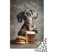 1000 Piece Jigsaws for Adults Dachshund with Burger And Beer Puzzles for Adults Relax Games Difficult Challenge Birthday Present, Gifts, 52x38cm/1000pcs