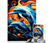 1000 Piece Jigsaws for Adults Dolphins in Abstract Colorful Ocean Toy Wall Decor Gift For Birthdays Impossible Game Artists' Collection, Fine Arts Size 50x75cm