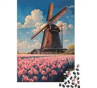 1000 Piece Jigsaws for Adults Dutch Windmill Tulips-6 Puzzle for Adults Brain Teaser Game Precision Cutting Challenging To Complete 52x38cm/1000pcs