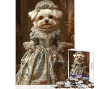 1000 Piece Jigsaws for Adults Maltese Dog in Floral Blue Elegance Toy Wall Decor Art Work Gift for Educational Game Artists' Collection, Fine Arts Size 38x26cm