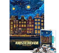 1000 Piece Jigsaws for Adults Puzzle Amsterdam Netherlands Night Cityscape Art Adult Jigsaw Puzzle Anti-Stress Toys Improve Memory Challenging To Complete (Size 38x52cm)