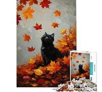1000 Piece Jigsaws for Adults Puzzle Black Cat in Autumn Leaves Painting Fun Activities at Home For Family Fun Impossible Game for 14+ Puzzle Game Offered (38x52cm)