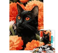 1000 Piece Jigsaws for Adults Puzzle Black Cat Surrounded by Orange Flowers Fun at Home Activities, Enhance Memory Educational Game Suitable for Ages 14 And Up (50x75cm)