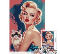 1000 Piece Jigsaws for Adults Puzzle Blonde Pin-Up with Cat Portrait Toy Wall Decor Gift Birthday Family Game Artists' Collection, Fine Arts Size 50x75cm