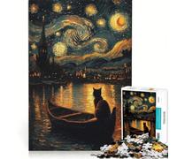 1000 Piece Jigsaws for Adults Puzzle Cat Under The Starry Night, Fun Games, Parent-child Interaction, with Matching Poster And Trivia Sheet 38x52cm