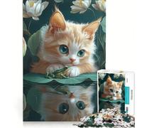 1000 Piece Jigsaws for Adults Puzzle Kitten And Frog on Lily Pad Cornish Rex Cat Relax Games But Fun And Humorous for Is Ideal As A Gift 38x26cm