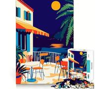 1000 Piece Jigsaws for Adults Puzzle Mediterranean Night Cafe Minimalist Art Illustration Exact Edge Art Logic Game Play Calm Fun Time Festive Leisure Gift (38x26cm)