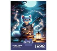 1000 Piece Jigsaws for Adults Puzzle Moonlit Cat Lute Music Adult Jigsaw Puzzle Brain Teaser Game Difficult Challenge Challenging To Complete 38x26cm/1000pcs