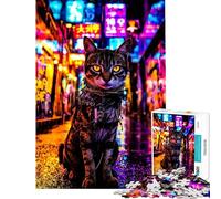 1000 Piece Jigsaws for Adults Puzzle Neon Cat in City Alley Jigsaws for Adults Family Game Pattern Assembly Challenging To Complete (Size 38x26cm)