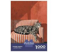 1000 Piece Jigsaws for Adults Puzzle Sleeping Tabby Cat on Striped Couch Teenager Puzzles Family Game Difficult Challenge Great Gift for Gaming 38x26cm/1000pcs