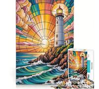 1000 Piece Jigsaws for Adults Puzzle Stained Glass Meditation Serenity by A Glowing Lighthouse at Sunset, Practical Game, Home Decoration, Artists Collection, Fine Art 38x26cm