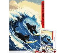 1000 Piece Jigsaws for Adults Puzzle Surfing Cats Ukiyo-e Style Educational Toy Funny Gift for Educational Game Every Piece Is Unique - size 38x52cm