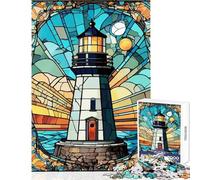 1000 Piece Jigsaws for Adults Stained Glass Lighthouse Coastal Scene Educational Game Tough Challenge Anti-Stress Toys Unique Birthday And Gifts (26X38cm)