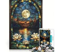 1000 Piece Jigsaws for Adults Stained Glass Moonlit City, Brain Teaser Game, Challenging To Complete, Enhance Love between Couples 38x52cm