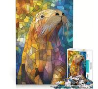 1000 Piece Jigsaws for Adults Stained Glass Sea Lion, Brain Teaser Game, Challenging To Complete, Enhance Love between Couples 38x52cm