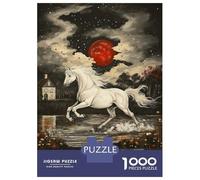 1000 Piece Jigsaws for Adults White Horse Running Under Red Moon Drawing Jigsaw for Adults Toy Wall Decor Presents for Women Challenging To Complete 70x50cm/1000pcs