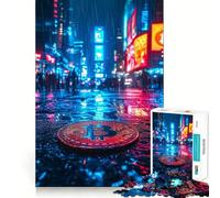 1000 Piece Jigsaws for Teenagers Bitcoin Neon Cityscape Exact Fit Game Thinking Skill Game Calm Fun Time Birthday Fun Play (50x75cm)