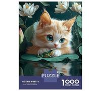 1000 Piece Jigsaws for Teenagers Puzzle Kitten And Frog on Lily Pad Cornish Rex Cat Jigsaw Puzzle Family Games Hand Speed Race Birthday And Unique Gifts 38x26cm/1000pcs