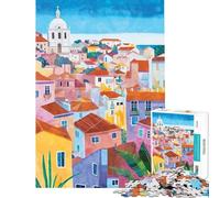 1000 Piece Jigsaws for Teenagers Puzzle Lisbon Portugal Watercolor Help The Brain Exercise Difficult Challenge Relax Games for Ages 14 And over (38x26cm)