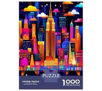 1000 Piece Jigsaws for Teenagers Puzzle New York City Neon Glow - Geometric Skyline Art Puzzle for Adults Brain Teaser Game Birthday Present Parent-child Interaction 70x50cm/1000pcs