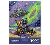 1000 Piece Jigsaws for Teenagers Puzzle Raccoon Beach Vacation Under UFO Puzzle for Adults Brain Teaser Game Birthday Present Parent-child Interaction 52x38cm/1000pcs