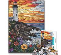 1000 Piece Jigsaws for Teenagers Stained Glass Lighthouse Sunset Beautiful Design Game Presents for Women Gifts Ideas (50x75cm)
