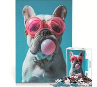 1000 Piece Jigsaws French Bulldog Bubble Gum DIY Toys Difficult Challenge with Fully Interlocking Randomly Shaped Pieces 38x52cm