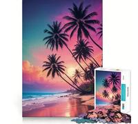 1000 Piece Jigsaws Tropical Beach Sunset with Palm Trees Smooth Edge Play Focus Fun Game Cozy Time Play Birthday Game Gift (50x75cm)