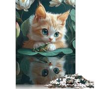 1000 Piece Kitten And Frog on Lily Pad Cornish Rex Cat Jigsaw Puzzles for Adult Teenagers Paper Puzzles Sustainable Puzzle for Adults | Games 1000pcs (38x26cm)