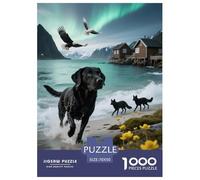 1000 Piece Labrador Jigsaw Puzzles for Adults Kids Challenge Toy Family-Friendly Brain Teaser Decoration Black Dog Seaside Village Jigsaws Unique Gift 70x50cm/1000pcs