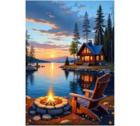 1000 Piece Lake Cabin Puzzle for Adults - Sunset Forest Landscape with Bonfire, Lodge & Lounge Chairs, Relaxing Camping Scene Jigsaw Puzzles, Nature Therapy Puzzles, 20x28 Inch