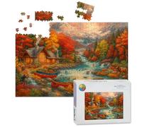 1000 Piece Large Jigsaw Puzzles for Adults, Autumn Cabin by Scenic River Canoes Waterfalls the Challenge Stitch Wooden Puzzle Creative Games Gift Ideas for Women Men Teens