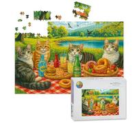 1000 Piece Large Jigsaw Puzzles for Adults, Cats Enjoying Picnic by Lake Donuts Burgers Drinks the Challenge Stitch Wooden Puzzle Creative Games Gift Ideas for Women Men Teens