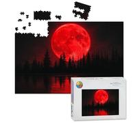 1000 Piece Large Jigsaw Puzzles for Adults, Crimson Red Blood Moon Dark Forest Lake Reflections the Challenge Stitch Wooden Puzzle Creative Games Gift Ideas for Women Men Teens