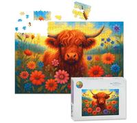 1000 Piece Large Jigsaw Puzzles for Adults, Highland Cow Fluffy Fur Surrounded by Vibrant Wildflowers the Challenge Stitch Wooden Puzzle Creative Games Gift Ideas for Women Men Teens