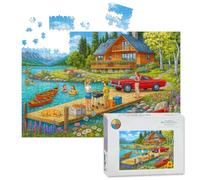 1000 Piece Large Jigsaw Puzzles for Adults, Lakeside Cabin Family Barbecue Canoes Mountain Scenery the Challenge Stitch Wooden Puzzle Creative Games Gift Ideas for Women Men Teens