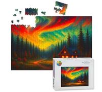 1000 Piece Large Jigsaw Puzzles for Adults, Log Cabin Under Northern Lights Vibrant Sky the Challenge Stitch Wooden Puzzle Creative Games Gift Ideas for Women Men Teens