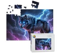 1000 Piece Large Jigsaw Puzzles for Adults, Mystical Alpha Wolf Glowing Blue Eyes Amidst Electric the Challenge Stitch Wooden Puzzle Creative Games Gift Ideas for Women Men Teens