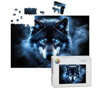 1000 Piece Large Jigsaw Puzzles for Adults, Mystical Blue Eyed Wolf Ethereal Smoke Dark Fantasy Animal the Challenge Stitch Wooden Puzzle Creative Games Gift Ideas for Women Men Teens