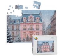 1000 Piece Large Jigsaw Puzzles for Adults, Pink French Townhouse Snowy Trees Festive the Challenge Stitch Wooden Puzzle Creative Games Gifts Ideas for Women Men Teens