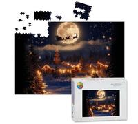 1000 Piece Large Jigsaw Puzzles for Adults, Santa Sleigh Flying Snowy Village Under Full Moon the Challenge Stitch Wooden Puzzle Creative Games Gift Ideas for Women Men Teens
