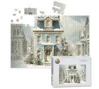 1000 Piece Large Jigsaw Puzzles for Adults, Snowy Victorian Style Blue House Surrounded by Winter Trees the Challenge Stitch Wooden Puzzle Creative Games Gift Ideas for Women Men Teens