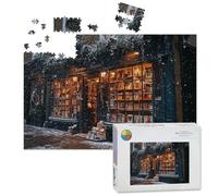 1000 Piece Large Jigsaw Puzzles for Adults, Snowy Winter Bookstore Warm Glowing Lights Shelves the Challenge Stitch Wooden Puzzle Creative Games Gift Ideas for Women Men Teens