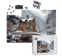 1000 Piece Large Jigsaw Puzzles for Adults, Snowy Winter Cottage by Stream Stone Bridge the Challenge Stitch Wooden Puzzle Creative Games Gift Ideas for Women Men Teens