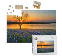 1000 Piece Large Jigsaw Puzzles for Adults, Texas Bluebonnet field blooming spring by lake sunset the Challenge Stitch Wooden Puzzle Creative Games Gift Ideas for Women Men Teens