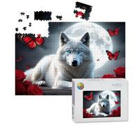 1000 Piece Large Jigsaw Puzzles for Adults, White Wolf Blue Eyes Surrounded by Roses Butterflies the Challenge Stitch Wooden Puzzle Creative Games Gift Ideas for Women Men Teens